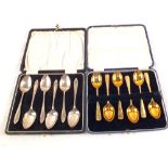 Two cased sets of six Silver teaspoons, one gilded,