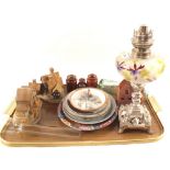 A painted glass and white metal oil lamp plus various china and glass