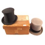 A grey top hat in box plus a folding top hat