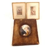 A miniature painting on porcelain of a girl and two Baxter needle prints