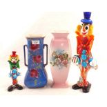 A large Murano glass clown plus one other and two Edwardian floral vases