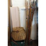 Various fishing rods, basket,