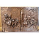 Two coppered panels, one of a stage coach scene and a Musketeer in a tavern scene,