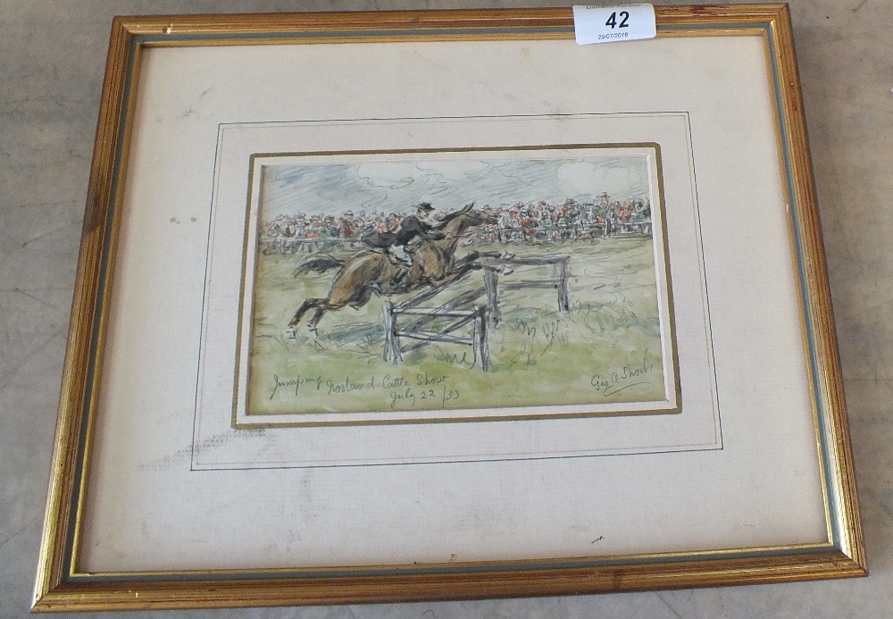 A watercolour of a horse jumper,