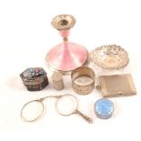 A pink guilloche enamel Silver candlestick and other Silver plus white metal items