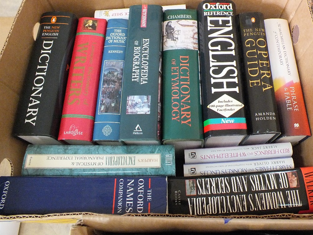 Various volumes of dictionaries and encyclopaedias etc (two boxes)