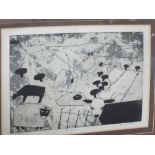 An artists proof etching of sheep,