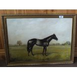 An oil on canvas of a black horse plus four other paintings