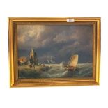 A 19th Century oil on canvas of a beach scene with rough seas and sailboats, monogram lower right,