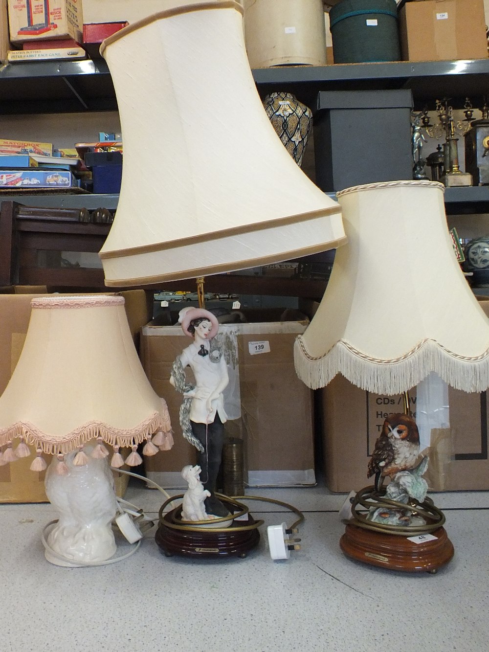 A Poole owl table lamp and two others