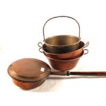 A Victorian Copper warming pan plus three Copper and Brass jam pans