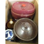 A pottery sherry barrel plus stoneware jars etc