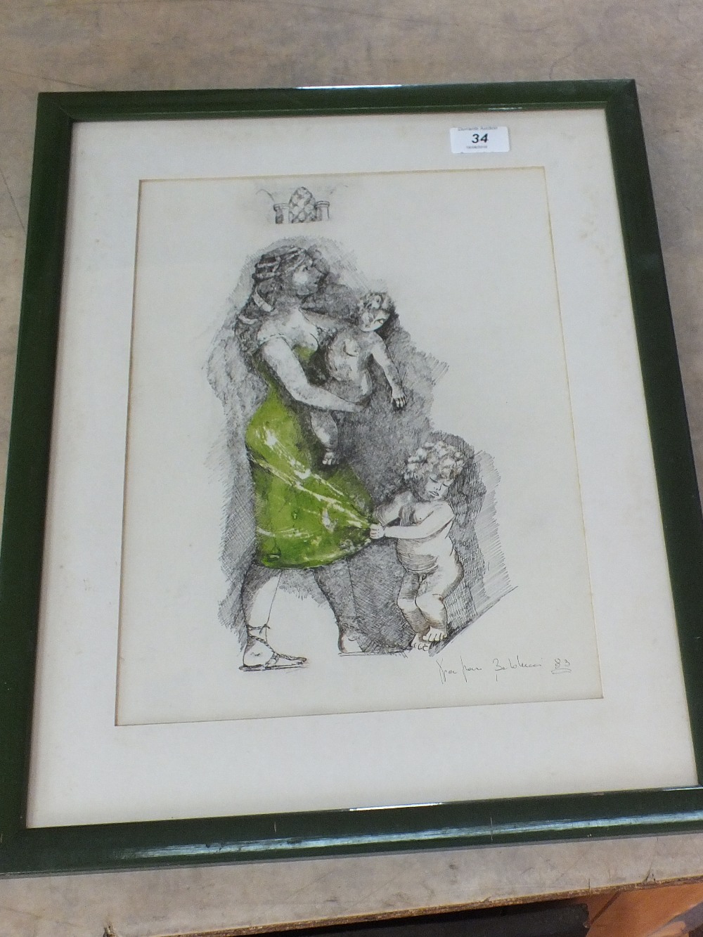 Pen and ink watercolour and green wash of a mother with children, signed 83,