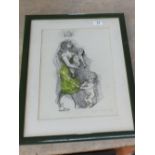 Pen and ink watercolour and green wash of a mother with children, signed 83,