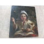 An unsigned oil on panel of a seated lady with cat,