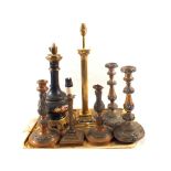 Brass and other table lamps plus candlesticks