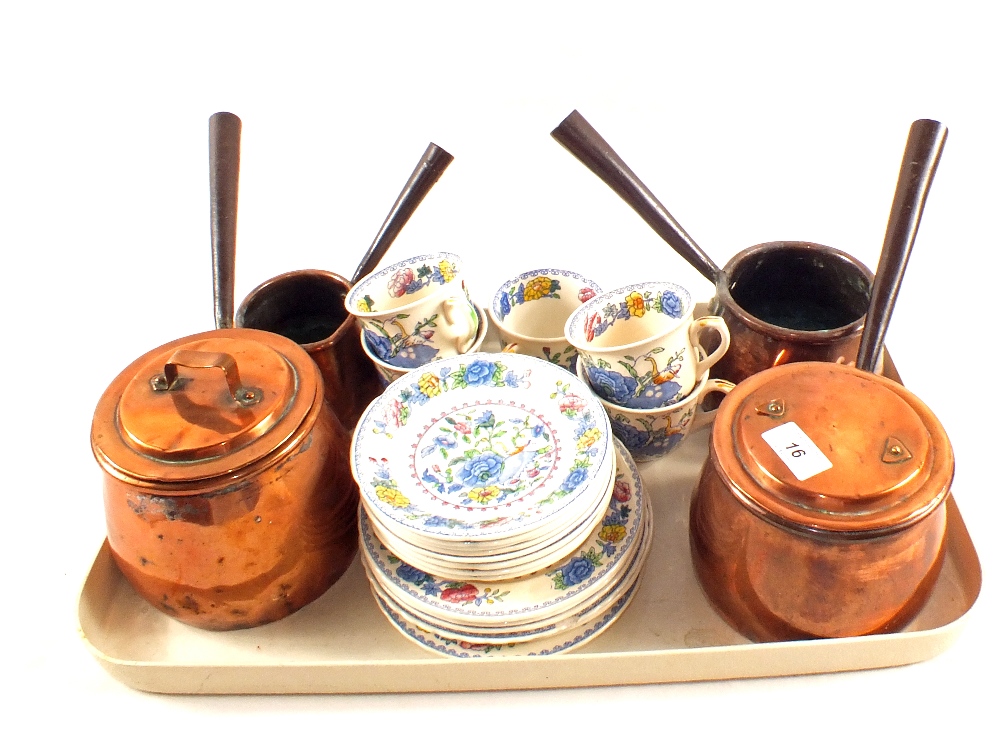 Four 19th Century Copper saucepans and a Masons Regency tea set