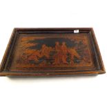 A Chinese export wooden tray with gilt figure decoration,