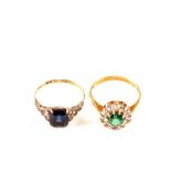 A 9ct Gold green and white paste stone set ring with a 9ct Gold and Silver blue paste stone set