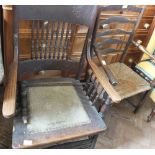 A commode armchair and 19th Century rush seat ladder back elbow chair