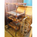 A Victorian Rosewood four tier whatnot in sections and wicker cakestand