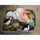 Various dolls and animal soft toys