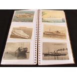 An album of shipping postcards including Lusitania, R.P. R.M.S. Cambria Captain at Wheel, S.S.