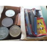 A Happynak series tin plate Mickey and Minnie Mouse tray plus other tins and toys including three