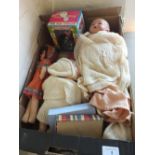 Two porcelain head dolls plus other dolls and accessories