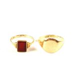 A 9ct Gold gents signet ring (inscription to inside) together with a 9ct Gold red stone set ring