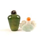 Two Chinese Jadeite snuff bottles, one with Red Coral stopper,