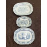 A Victorian landscape blue and white meat plate plus two others,