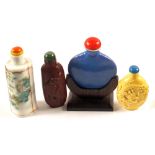 Four Chinese porcelain snuff bottles, boat and landscape decoration with Red Coral stopper,