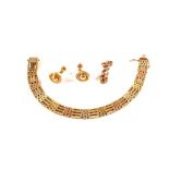 A 9ct Gold tricolour gate style bracelet with a pair of yellow metal screw back earrings and part