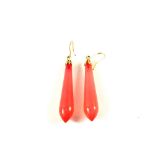 A pair of Pink Agate drop earrings with yellow metal mounts