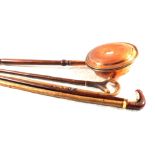 A Victorian Copper warming pan, kettle, Brass pan scales,