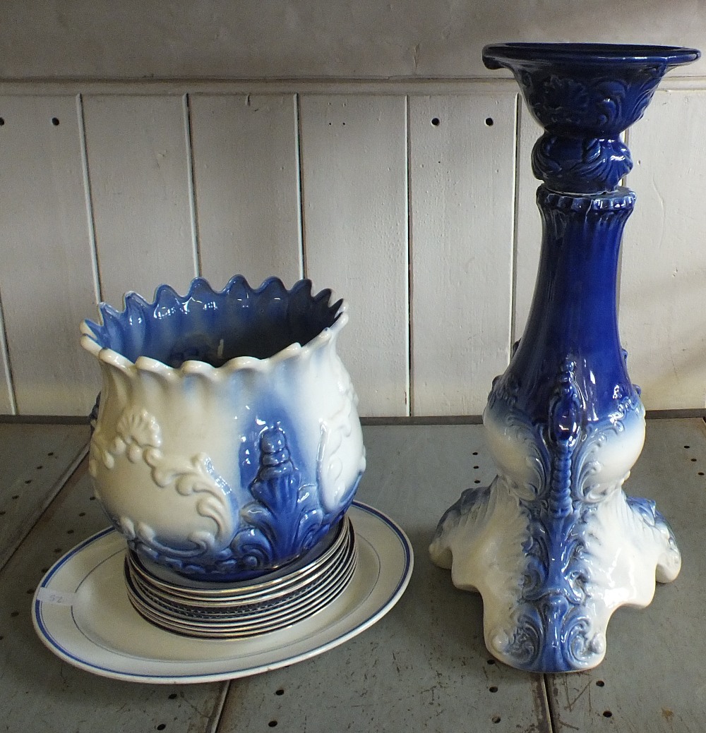 A blue and white jardinière on stand plus various plates