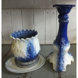 A blue and white jardinière on stand plus various plates