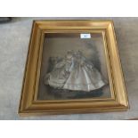 A framed three dimensional display of two Victorian ladies in silk and lace dresses,