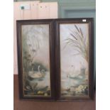 An Oak two fold screen with painted canvas swan decoration