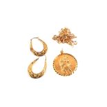 A 9ct Gold St Christopher on chain and a pair of 9ct Gold hoop earrings