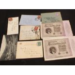 A Penny Red on cover with caricature picture and other items including German inflationary