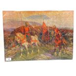 A large plywood base jigsaw depicting a King and Knights on horseback in a wooded scene with castle