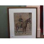 A picture of a WWI mounted British soldier, framed and glazed,