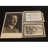 A period postcard of Adolf Hitler with two memoriam cards for the forty eight crew and passengers