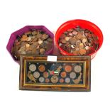 Two tins of coins plus framed coins