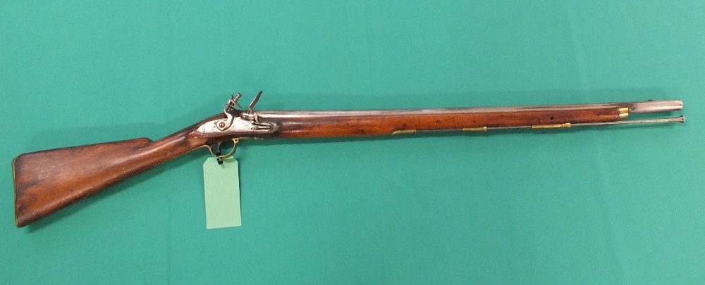 An 18th Century Flintlock volunteer Brown Bess musket with 32" barrel, military proofs,