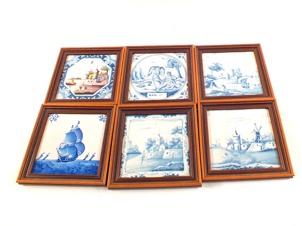 Six 18th/19th Century Delft tiles, four landscape, one manganese and yellow,