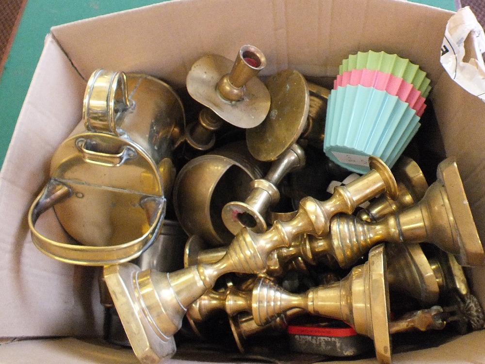 Four pairs of Victorian Brass candlesticks plus other metalware etc