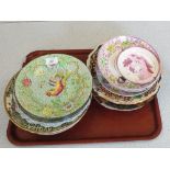 Five 19th Century Copeland parrot decorated plates and various others including pink lustre,